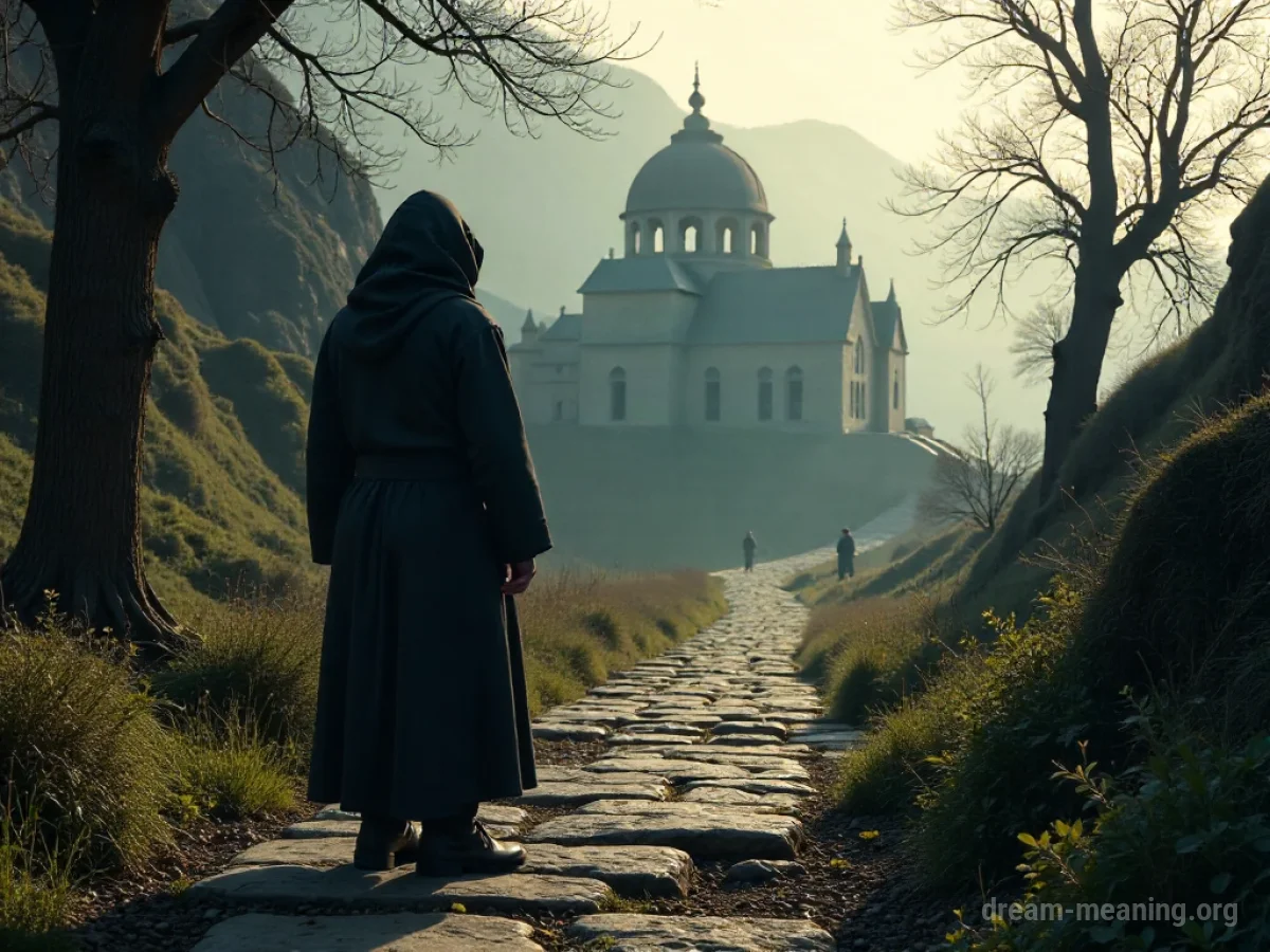 A person in a monk's robe walking on a path towards a building.