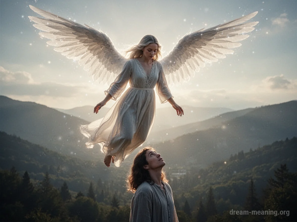 A winged figure with a halo descends from the sky towards a person.
