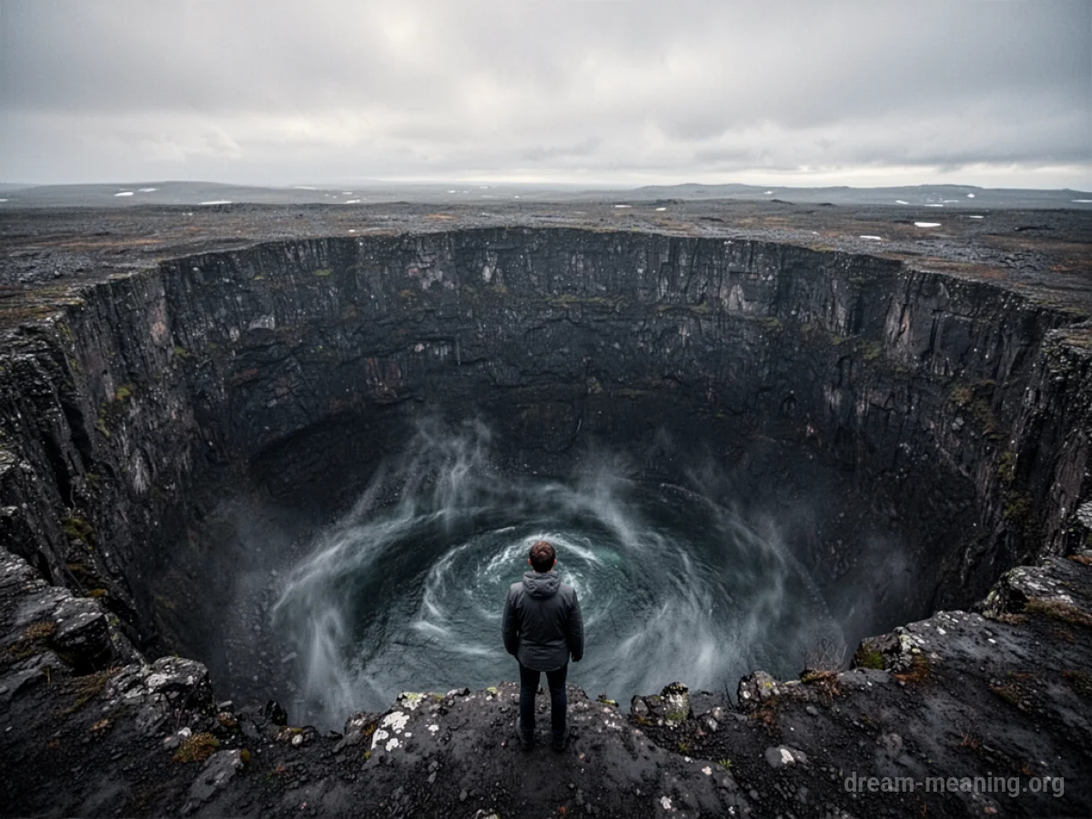 A person stands at the edge of a deep, dark chasm with mist below.