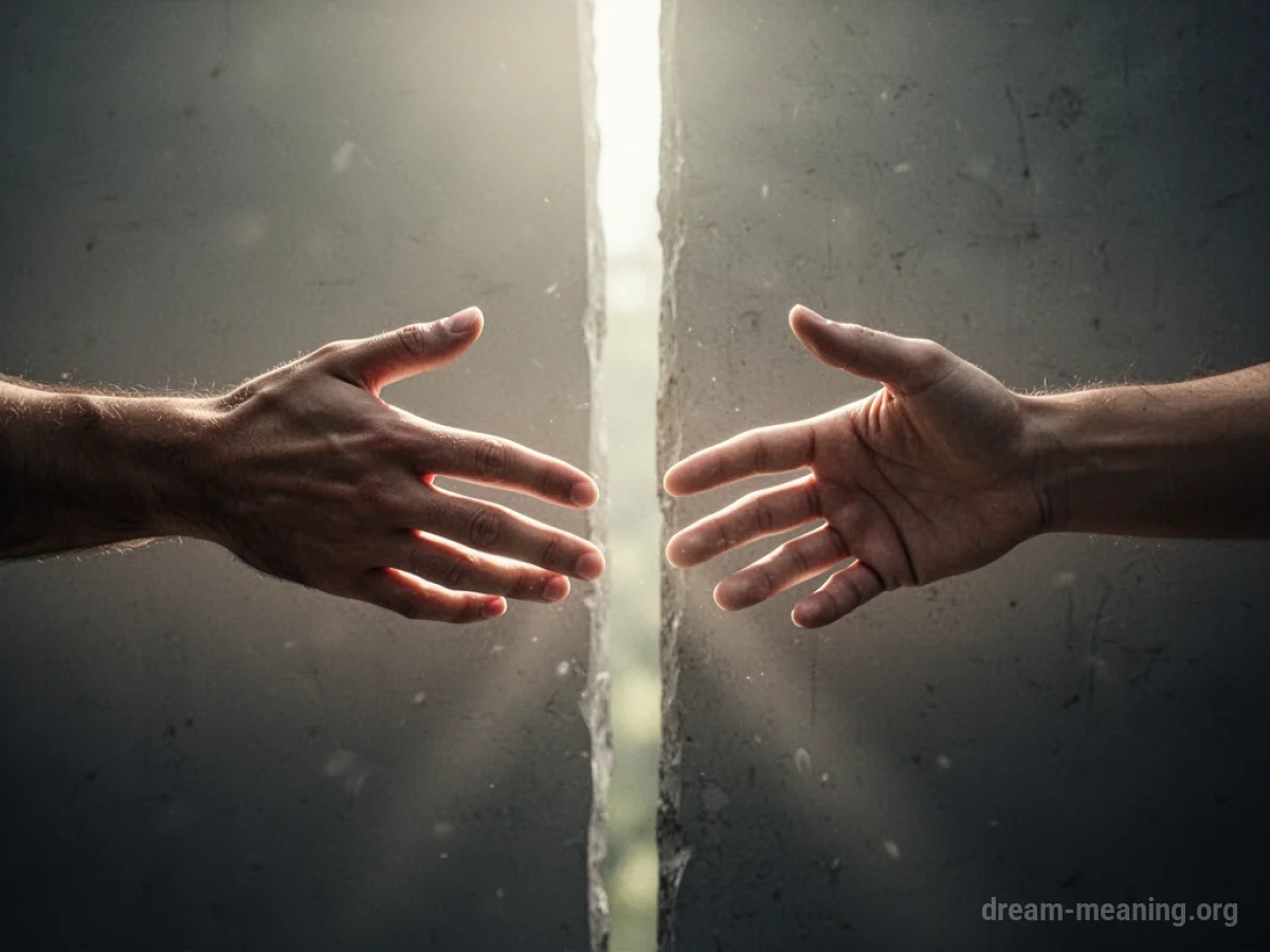 Two hands extending towards each other with a gentle glow between them.