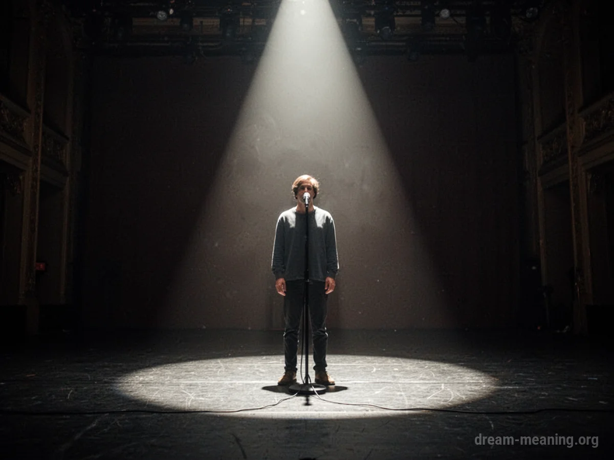 A person stands alone on a stage under a spotlight.