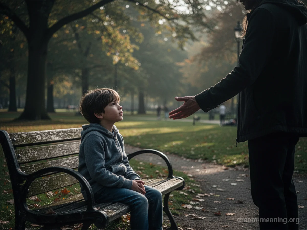 A child sitting on a bench facing a shadowy figure.