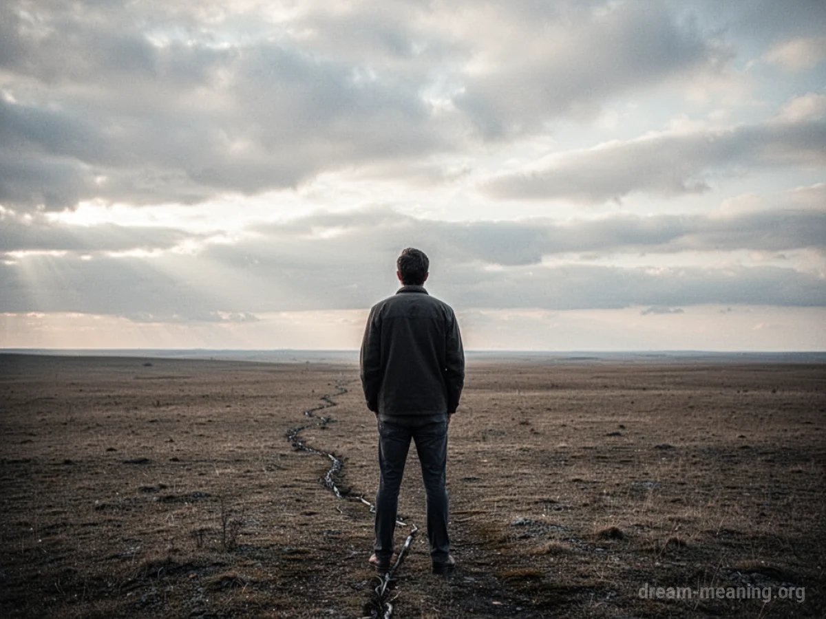 A lone figure facing away, looking towards a desolate horizon.