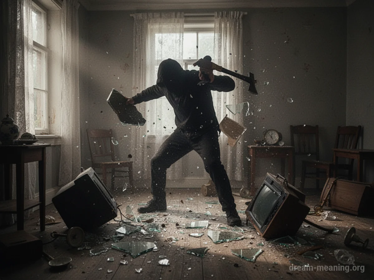 A silhouette of a person breaking objects in a room.