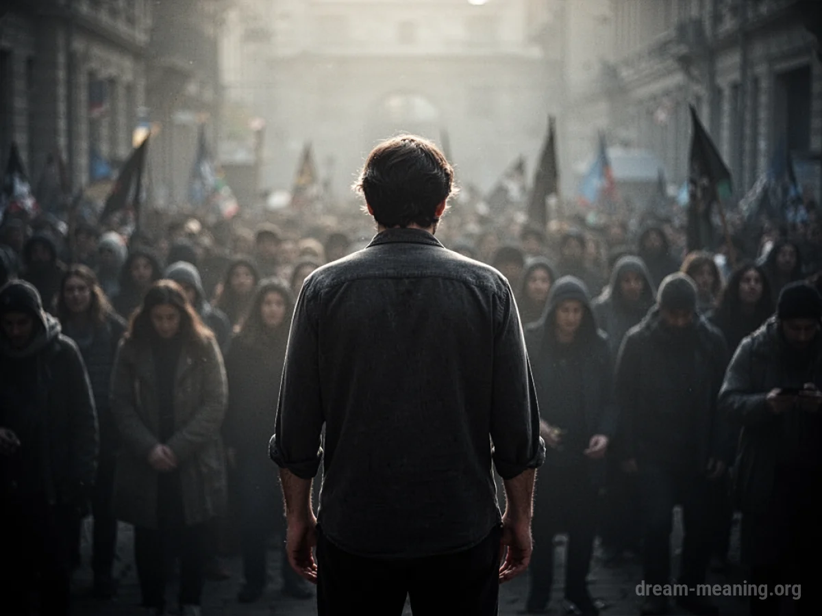 A silhouette of a person facing away from a crowd of indistinct figures.