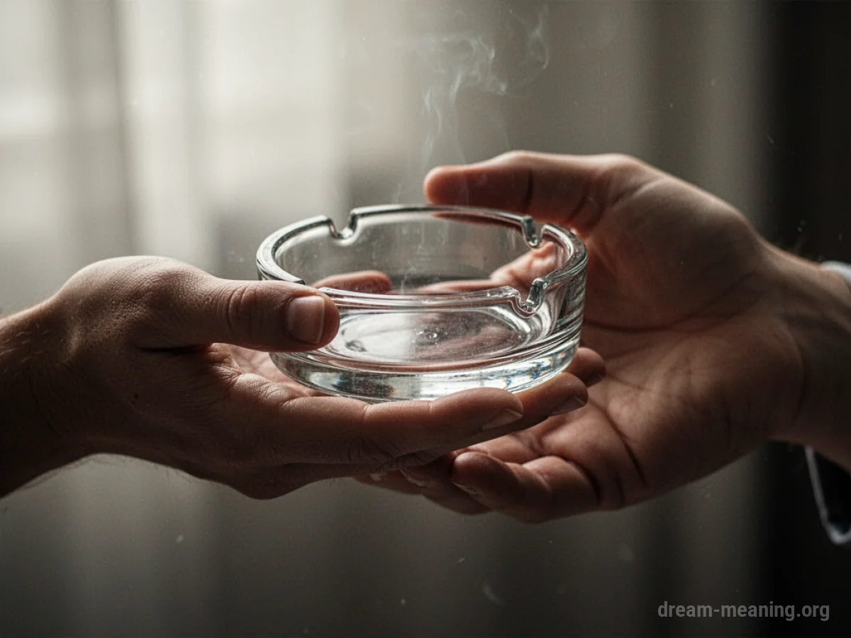 A hand holds out a clean glass ashtray towards another outstretched hand.