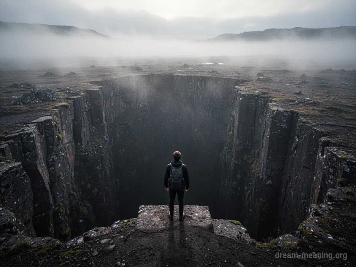 A person stands at the brink of a deep, misty chasm.