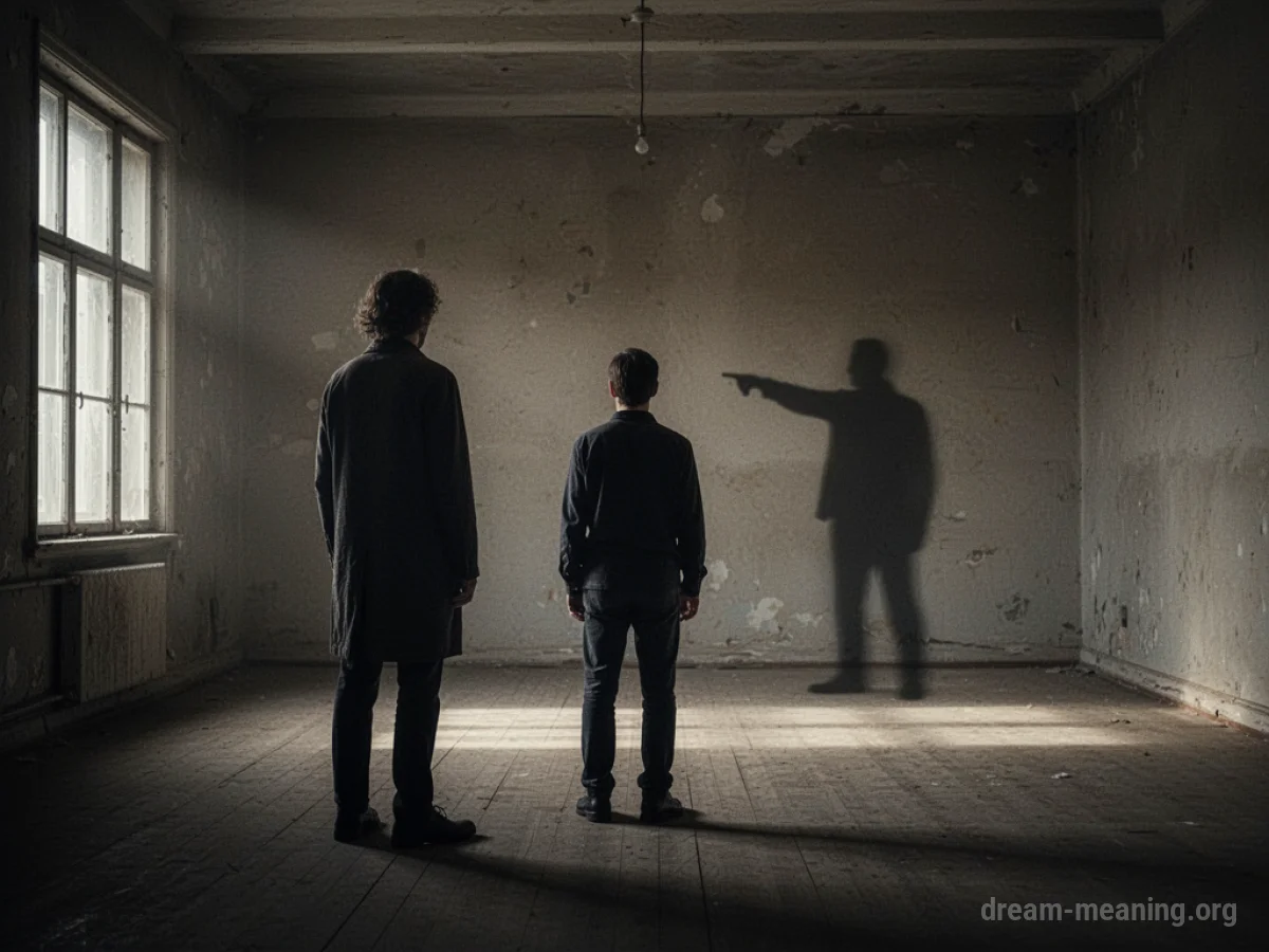A silhouette of a person pointing at another solitary figure in a dark room.