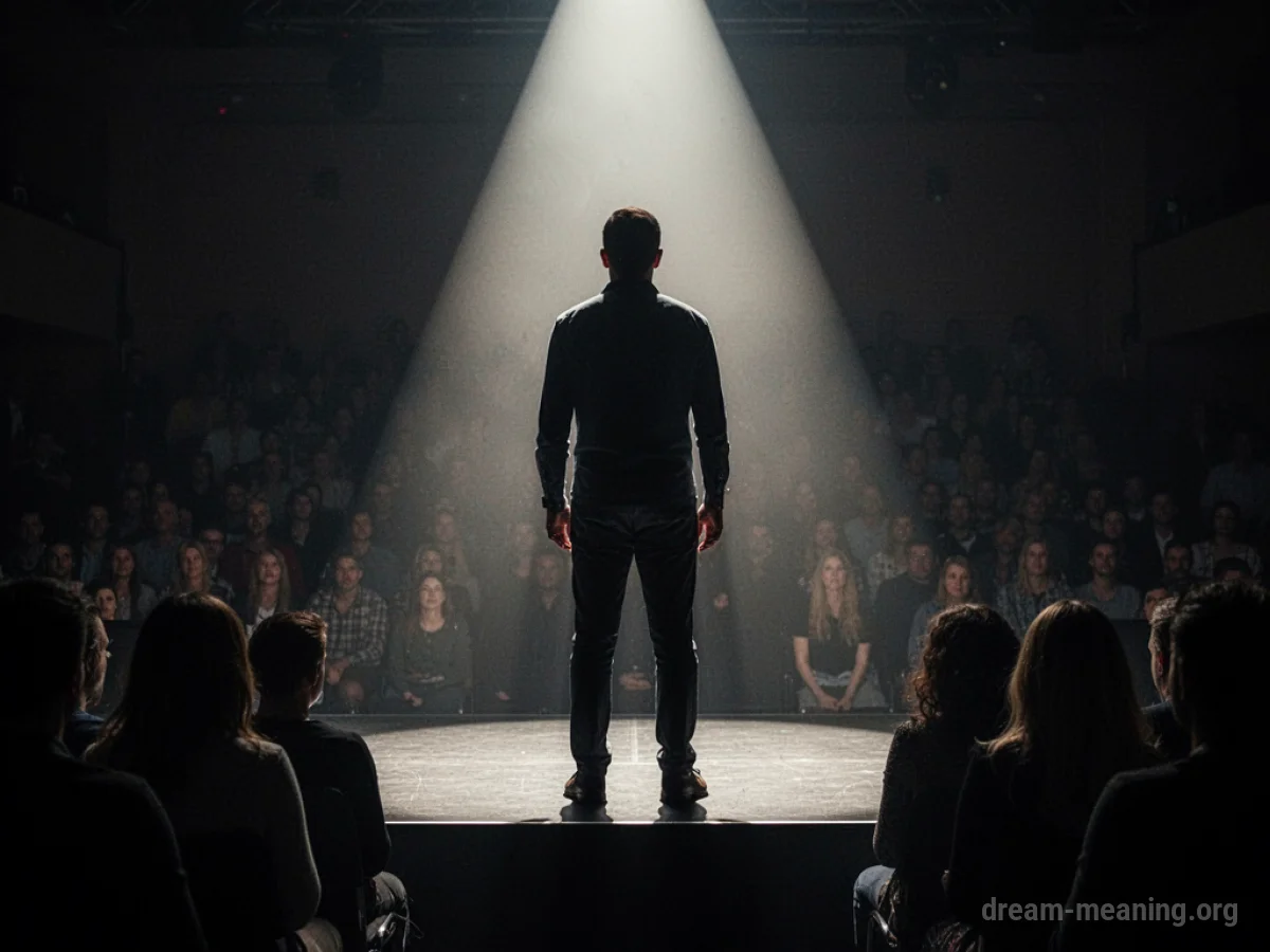 Silhouette of a person on a stage with an audience.
