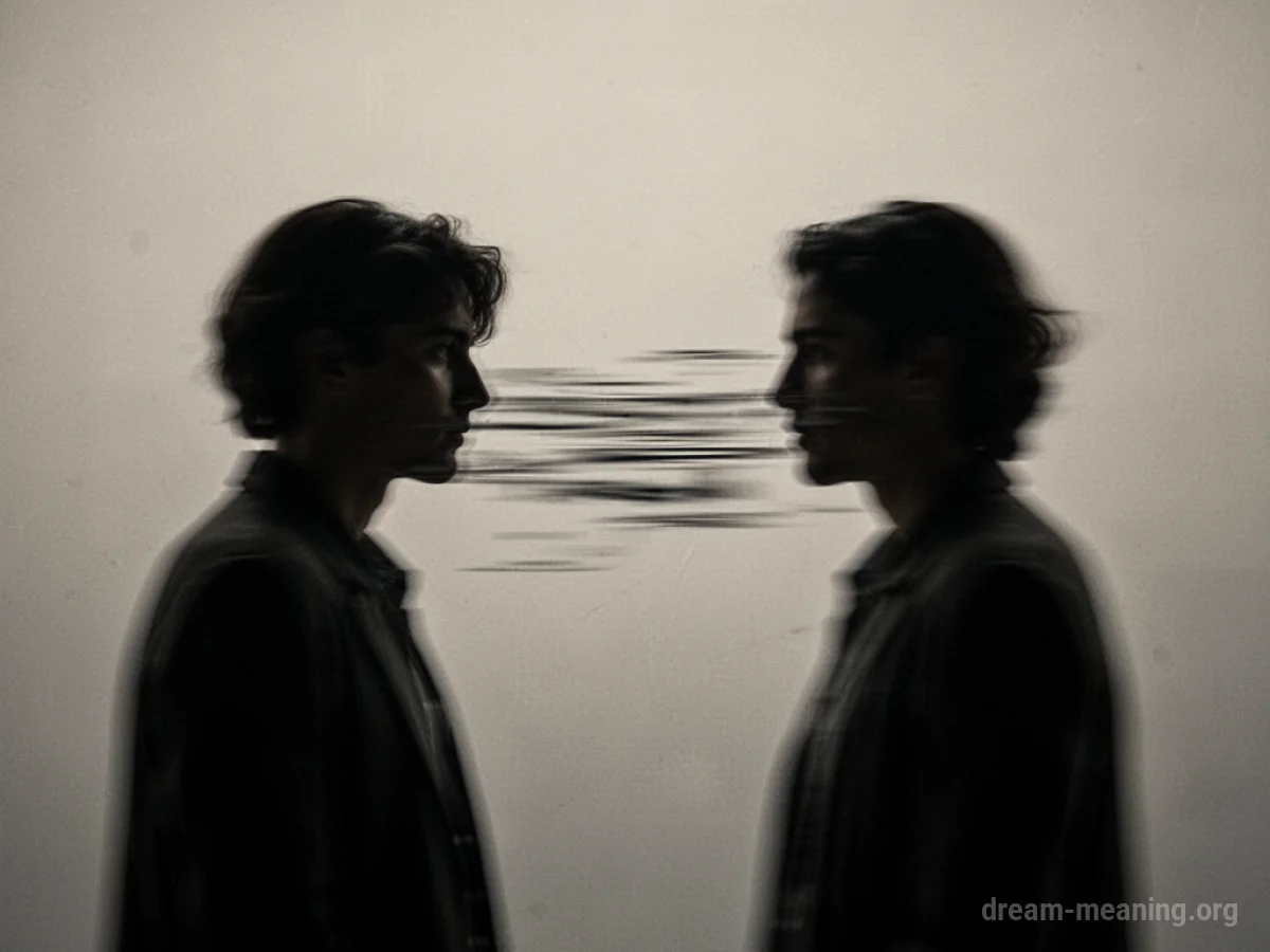 Silhouettes of two people facing each other with abstract motion lines.