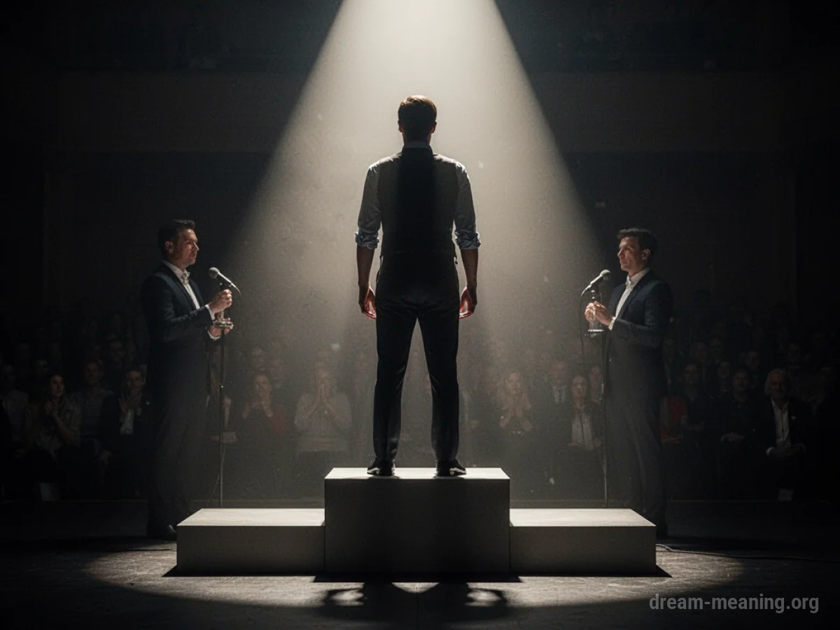 A person stands on a lit stage as another person holds a microphone.