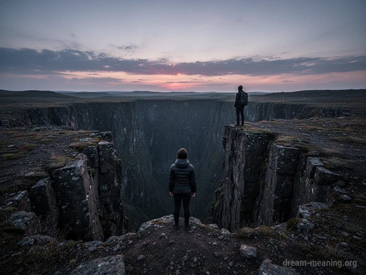 A person stands at the precipice of a deep, dark abyss.