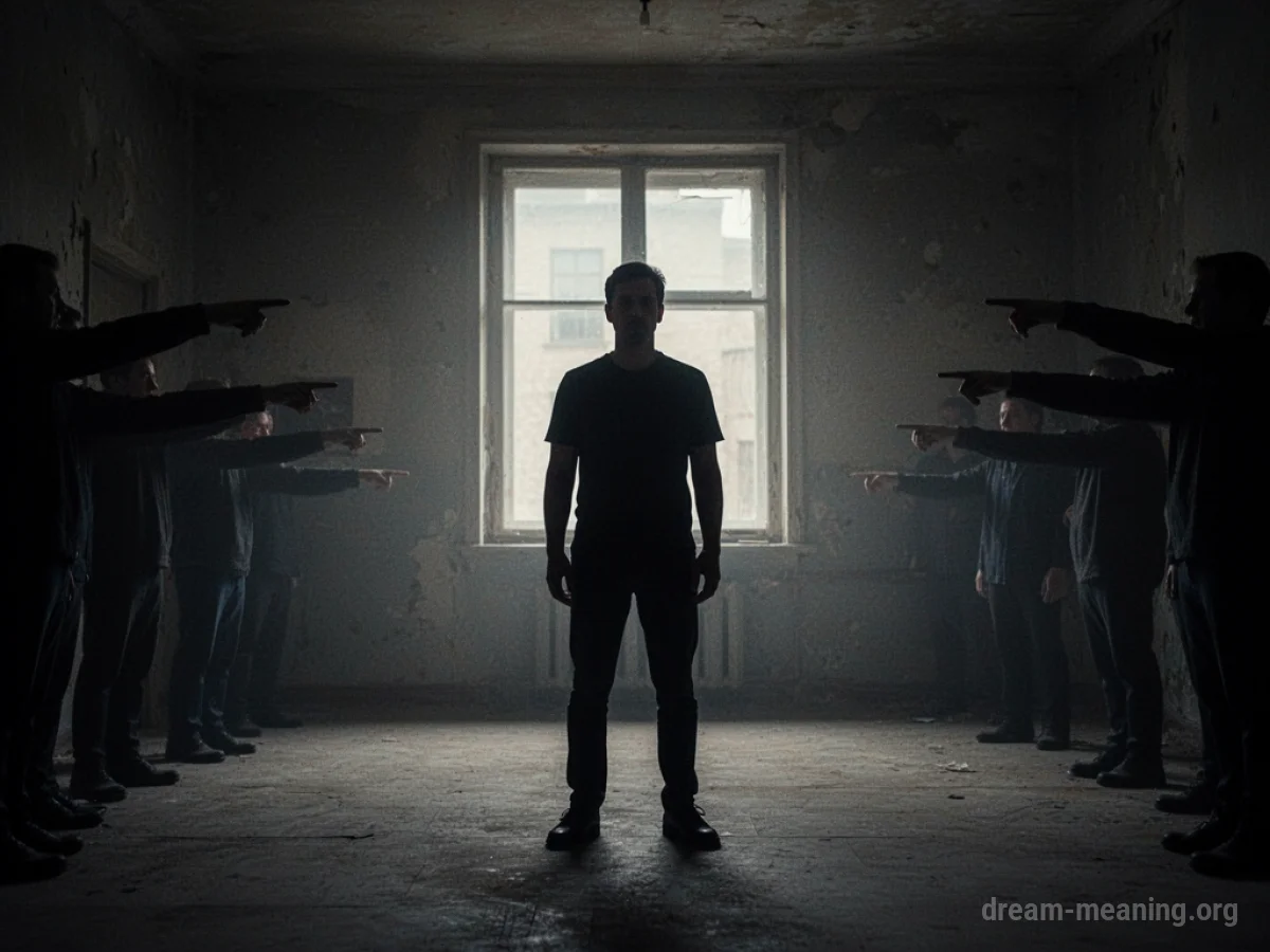 Silhouette of a person in a dimly lit room, with indistinct shadowy figures pointing.