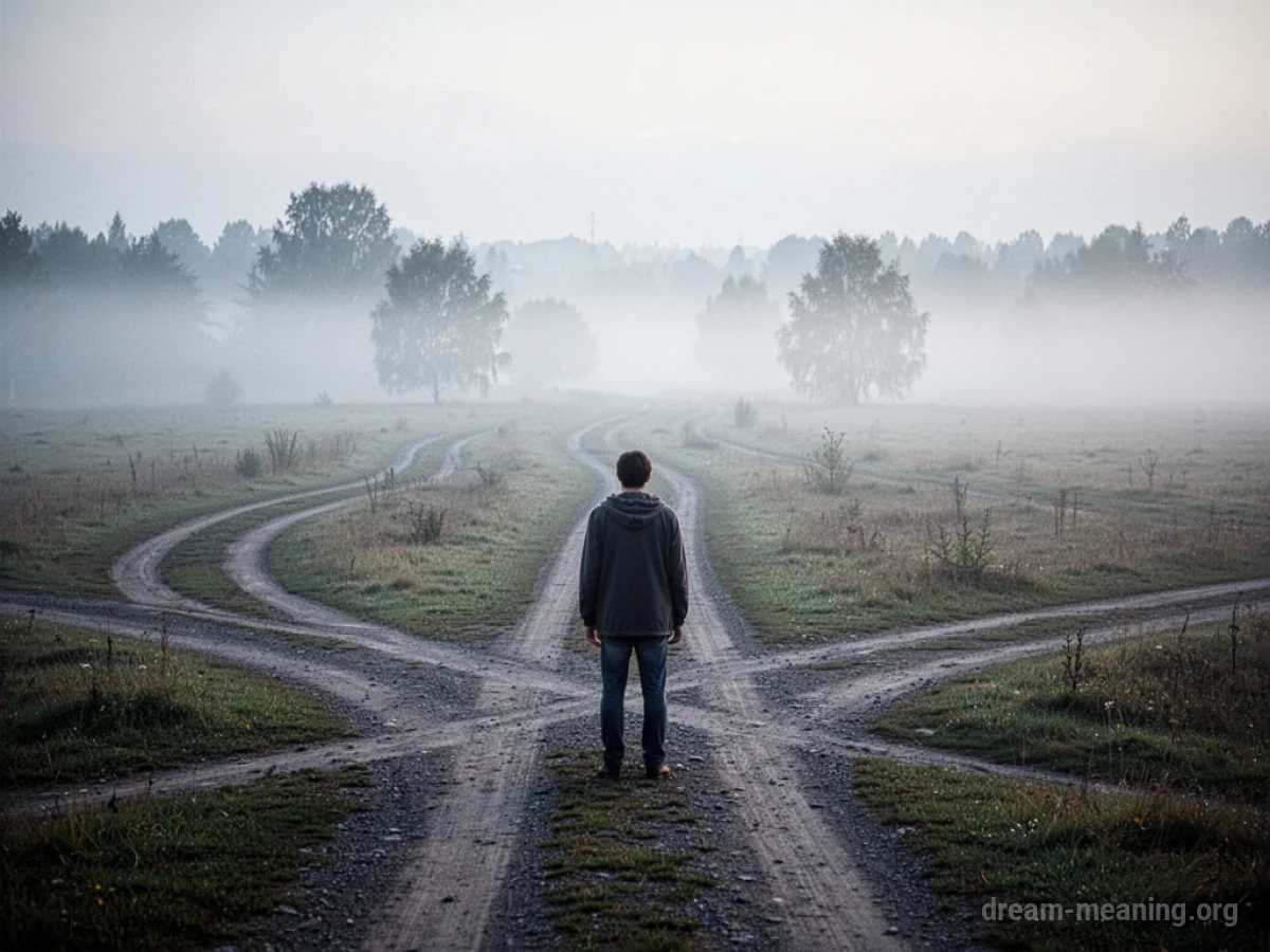 A person stands at a crossroads with several misty paths stretching ahead.