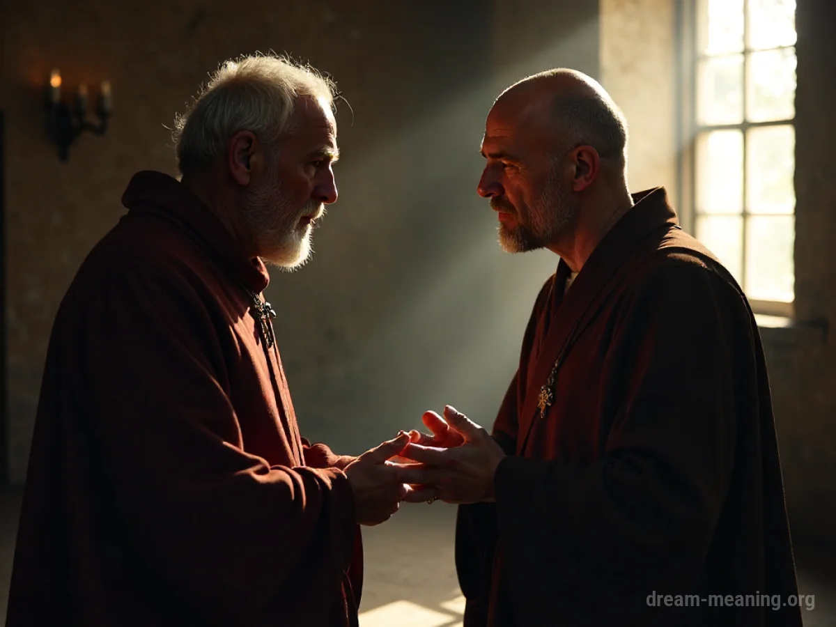 A person in conversation with a figure in monastic robes.