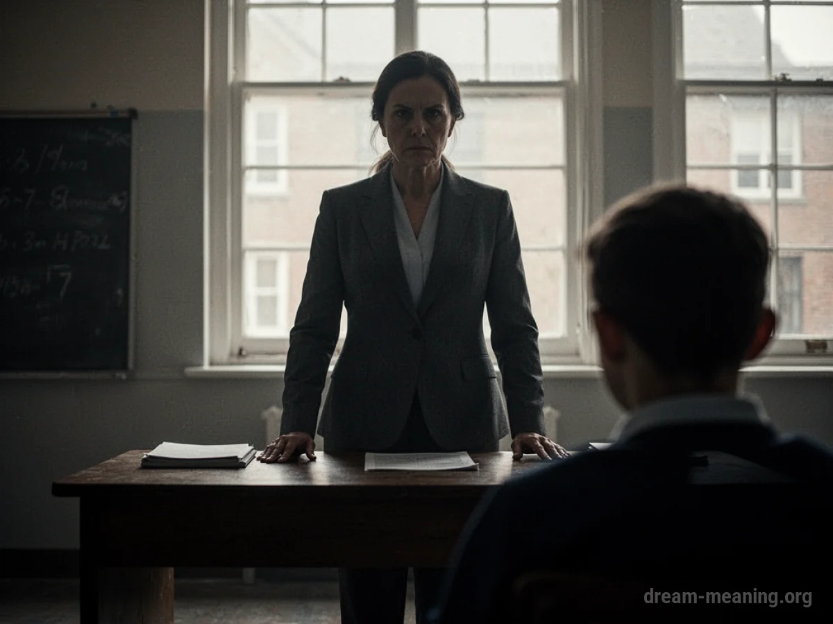 Silhouette of a teacher behind a desk, with a shadowy student figure.