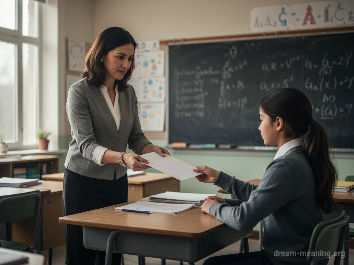 A teacher handing a paper to a student in a classroom.