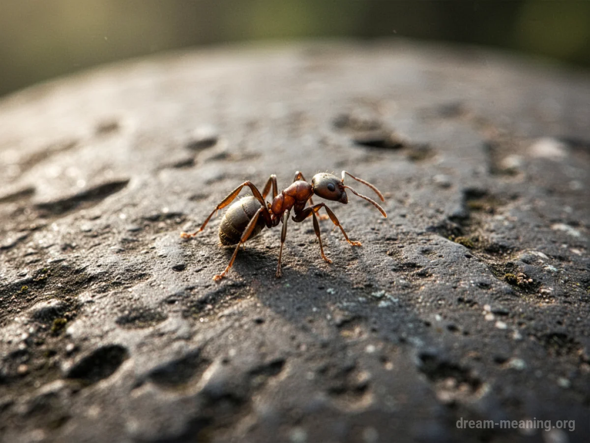 A single ant viewed from above on a textured surface.
