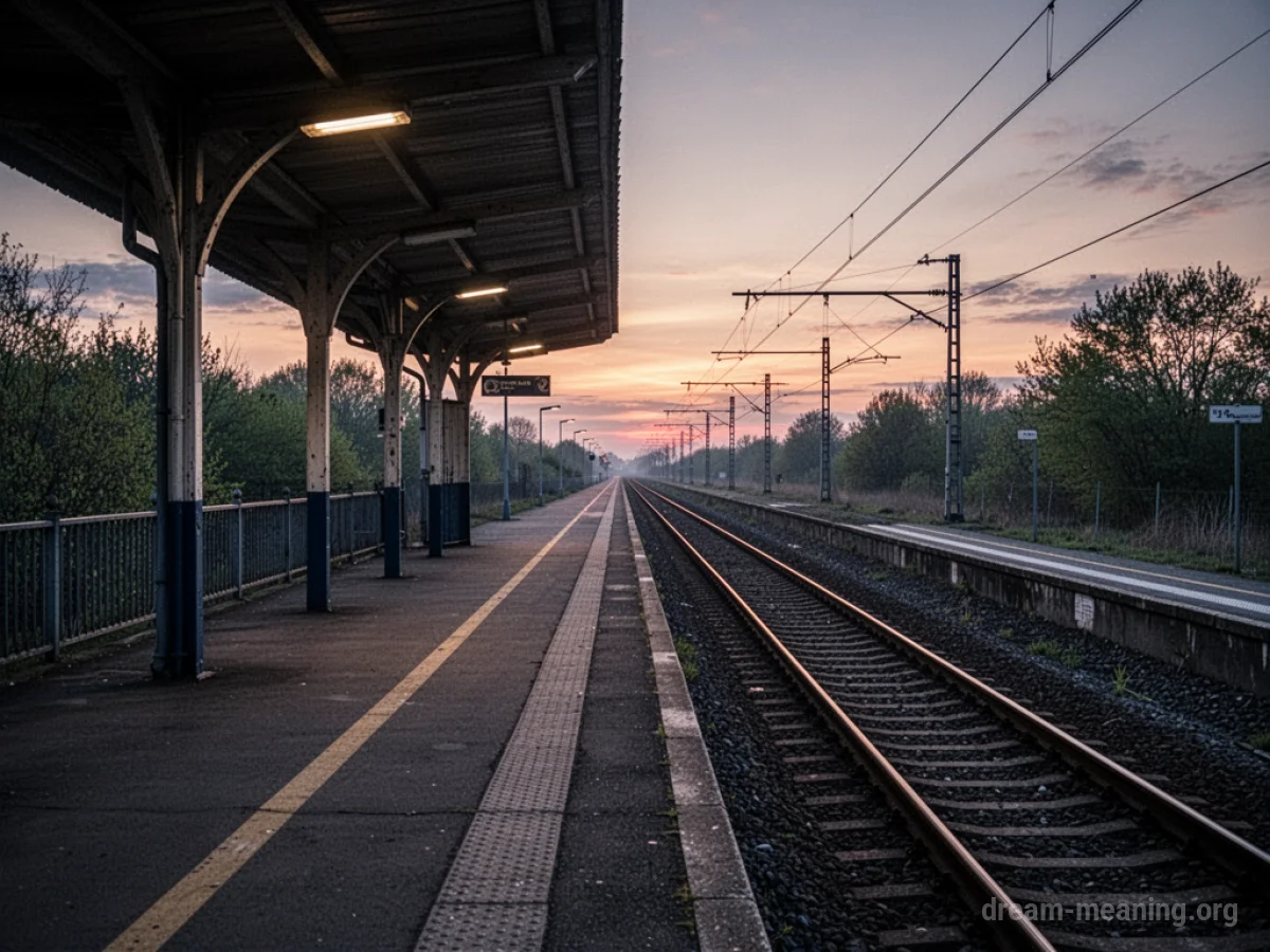 An empty train platform with a single track receding into hazy distance.