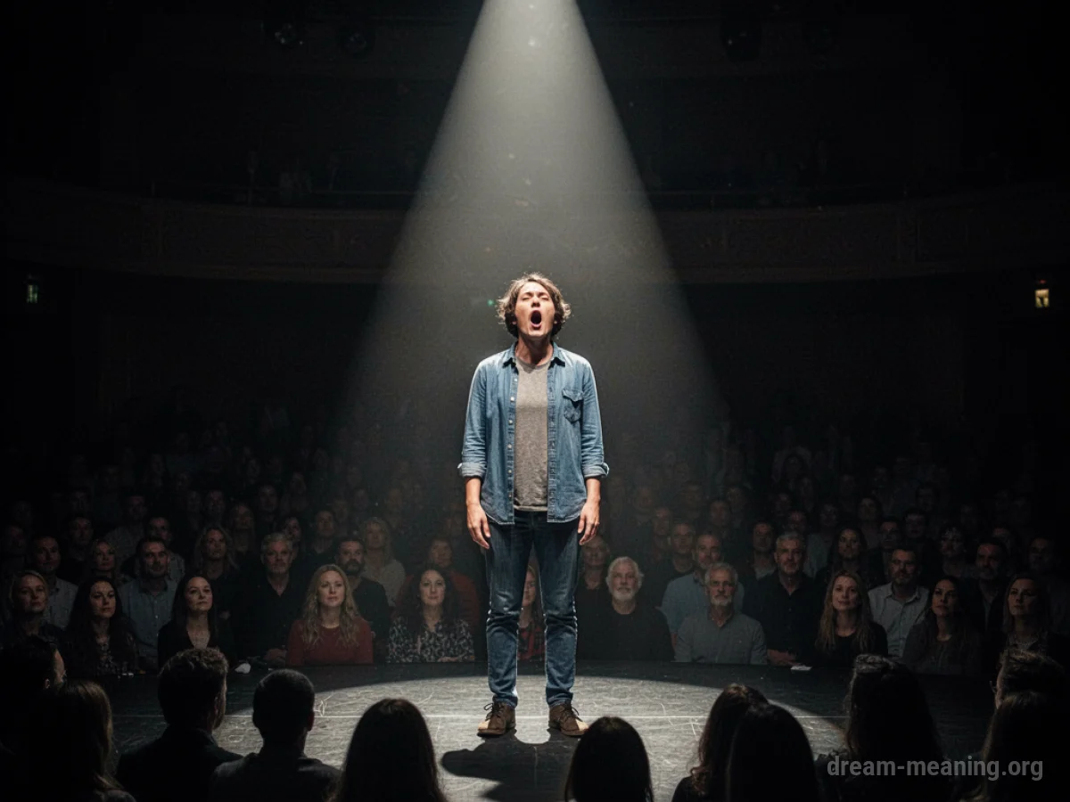 A person on a stage with their mouth open, unable to speak.
