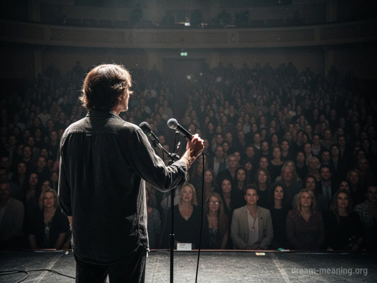 A person speaking into a microphone on a stage before a dark audience.