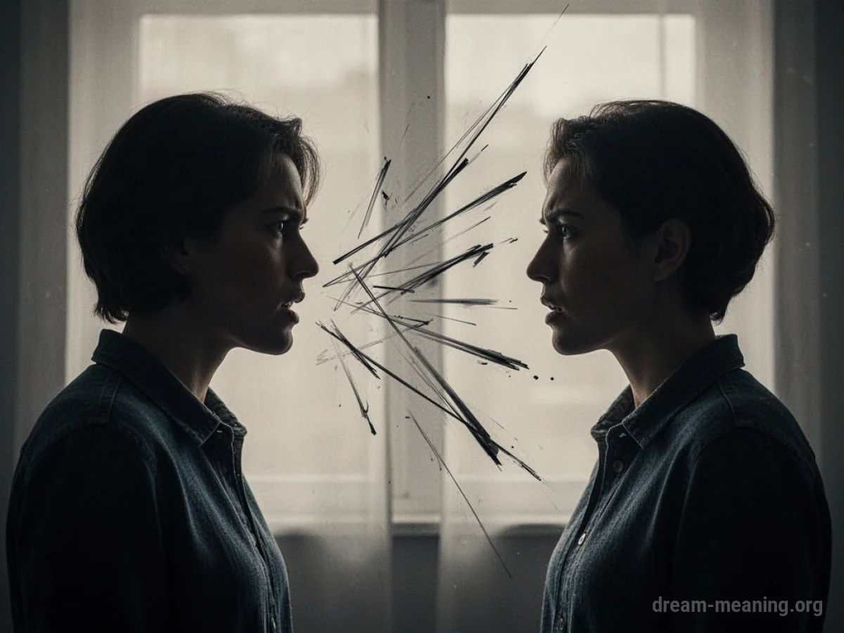 Two shadowy figures facing each other with abstract sharp lines between them.
