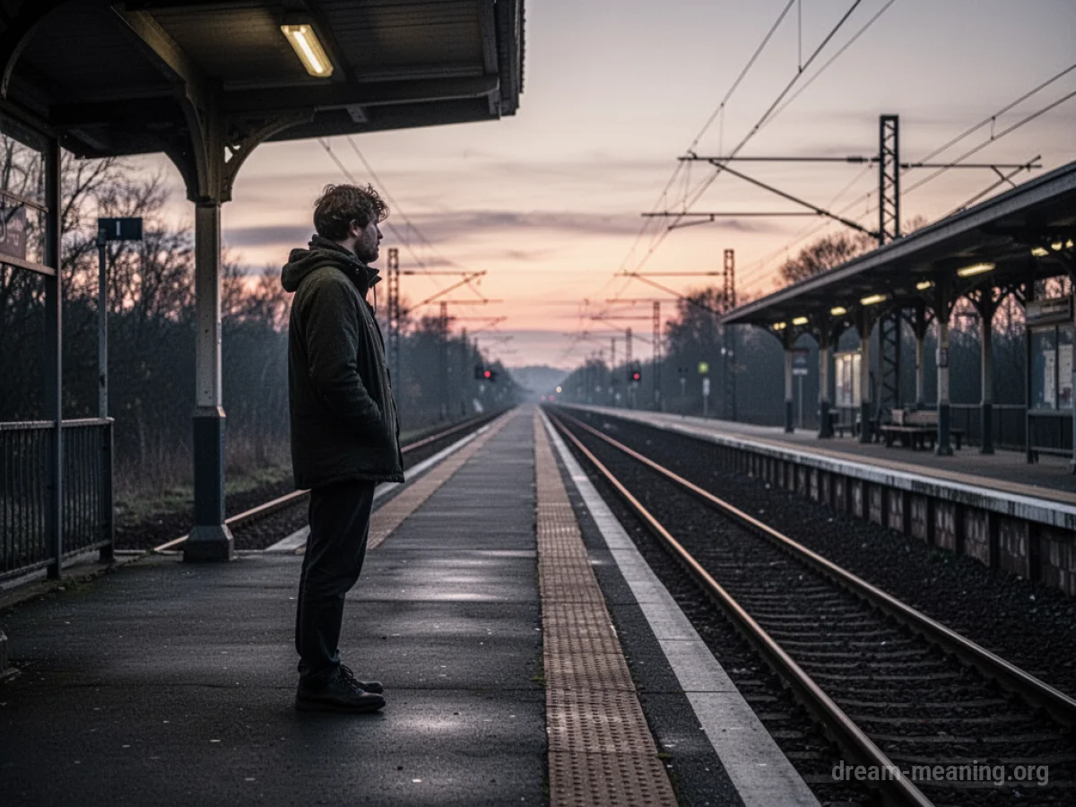 A person stands on an empty train platform, looking down the tracks.