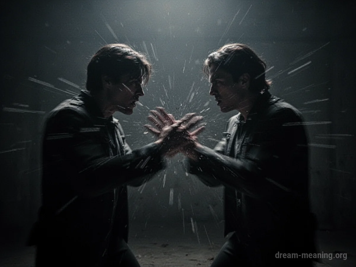 Silhouettes of two figures facing off in a dimly lit space.