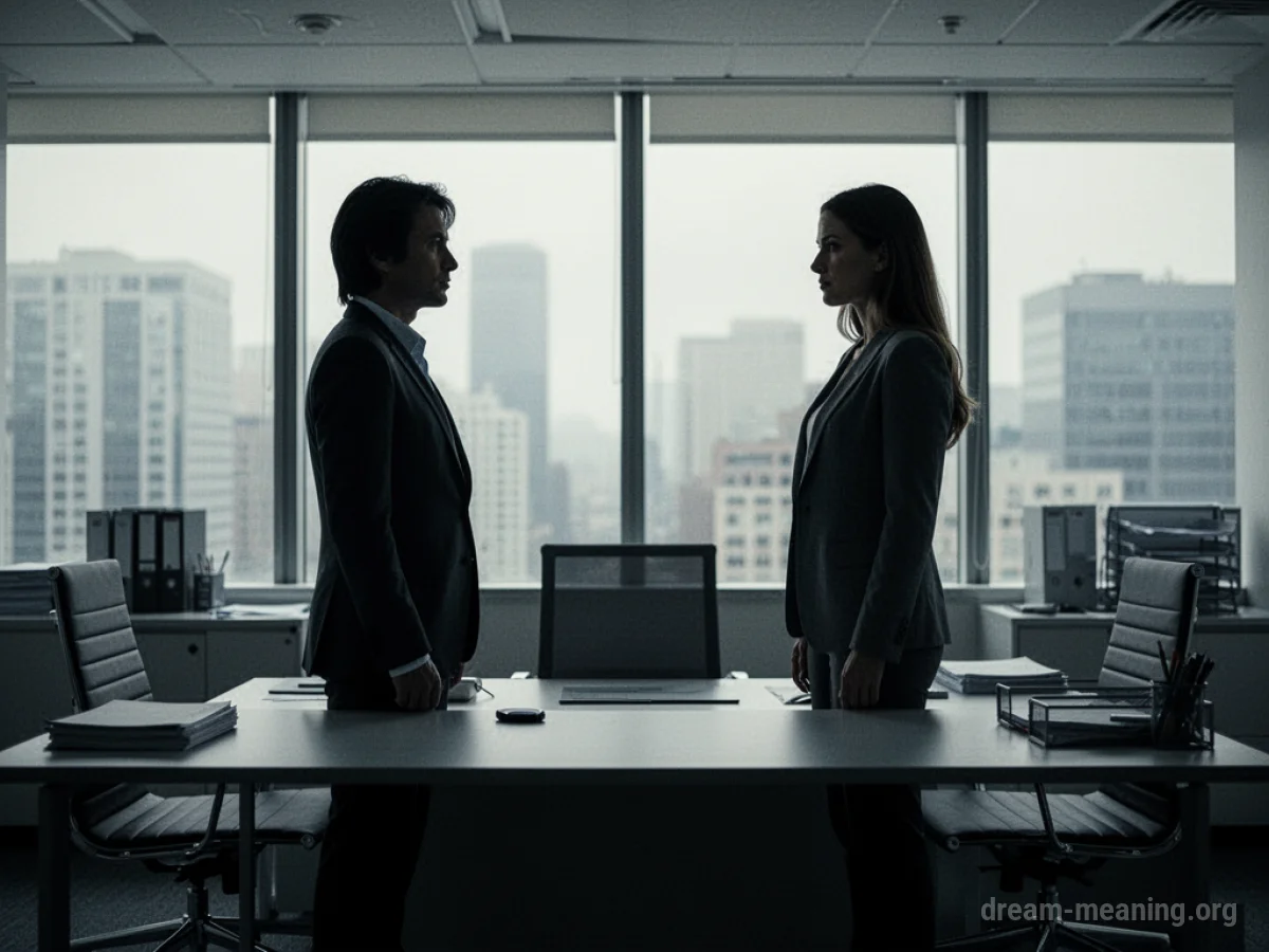 Two silhouetted figures facing each other across an office desk.