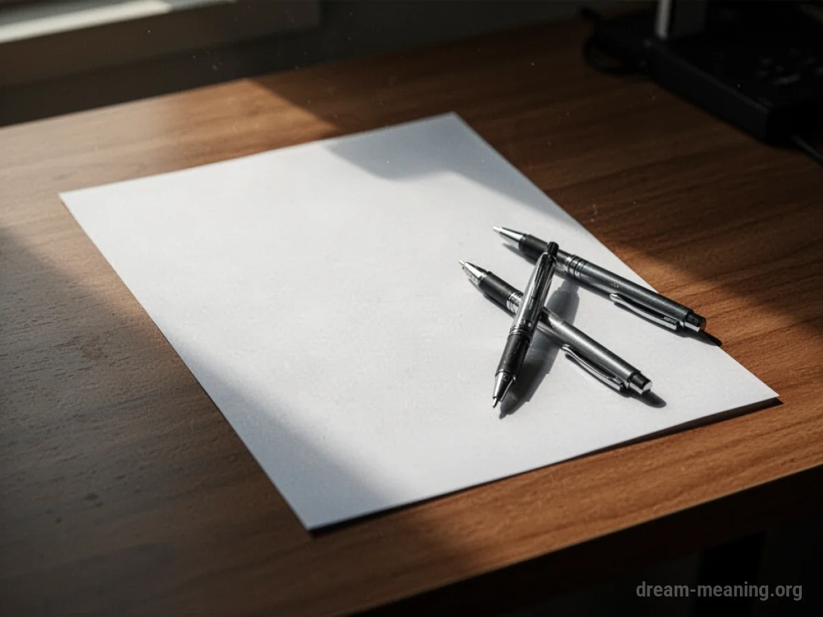 A blank sheet of paper on a wooden desk with a pen beside it.