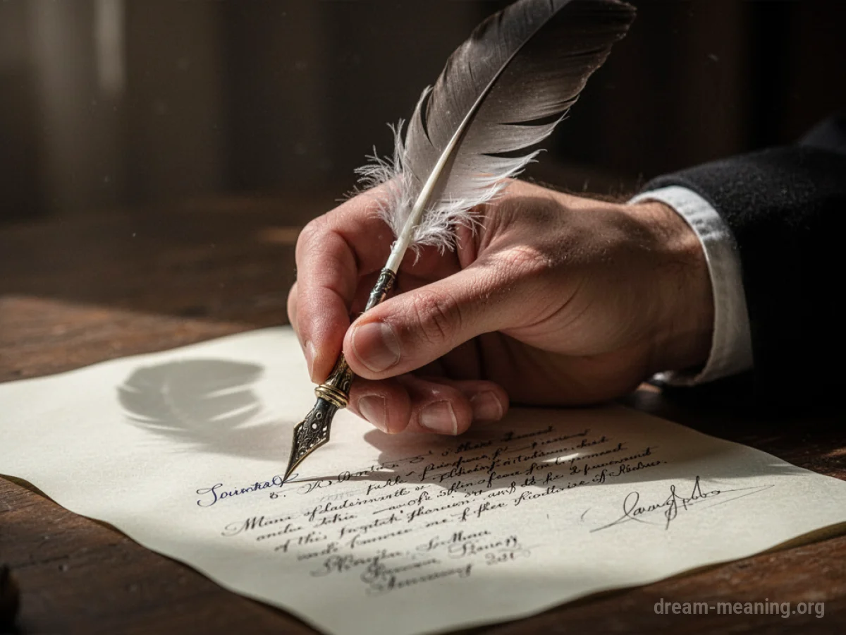 A hand holding a quill pen poised over a document.