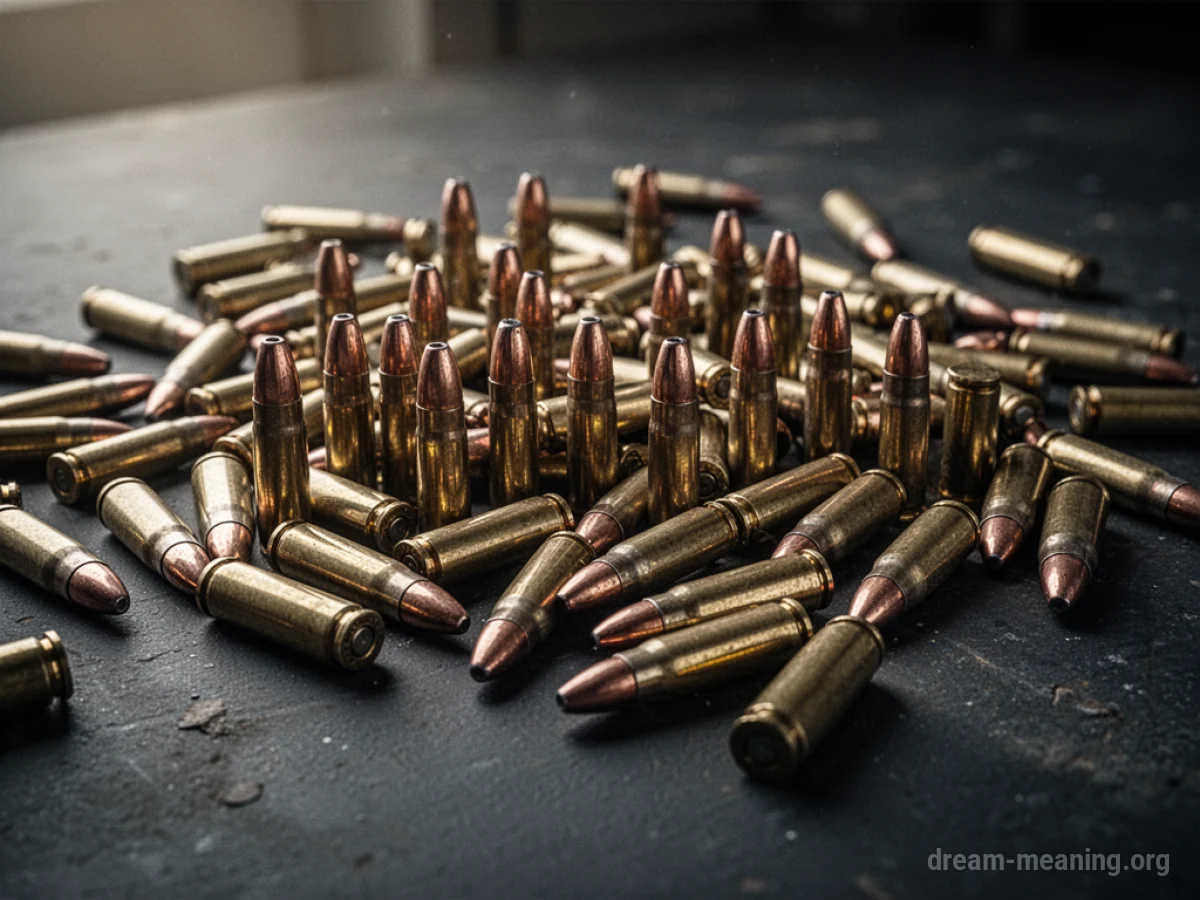 Many metallic bullets scattered across a dark, textured surface.