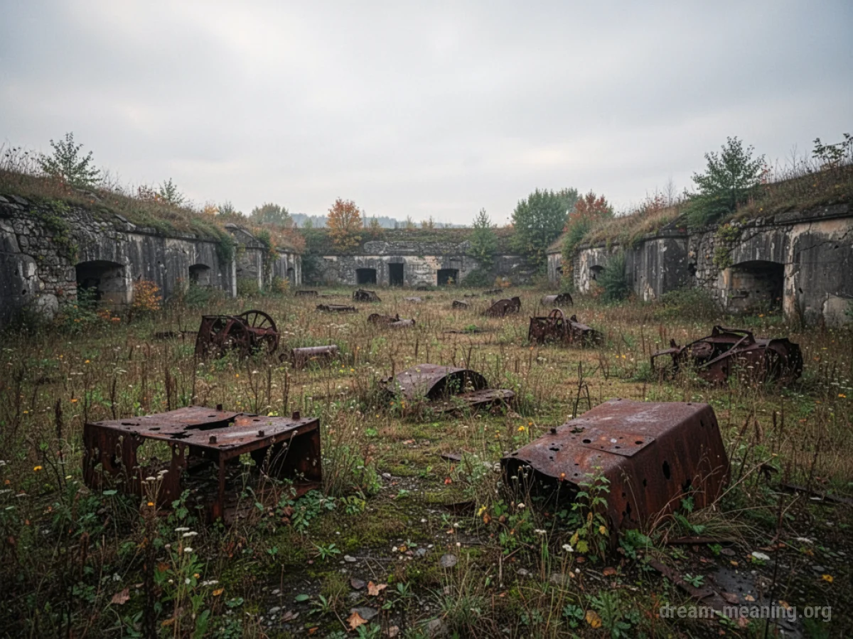 An empty, overgrown field with rusted metal debris and broken stone structures.