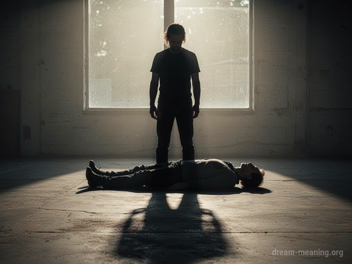 Silhouette of a larger figure looming over a smaller figure.