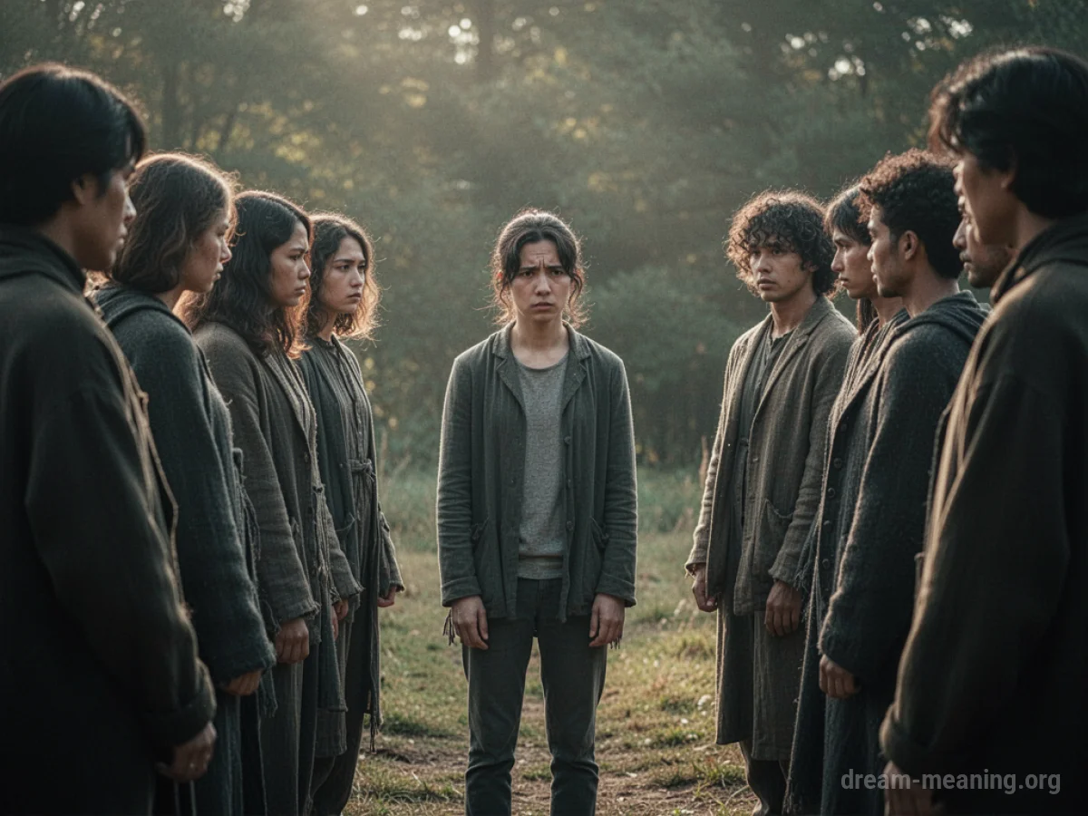 A person standing alone on the edge of a blurry group of people.
