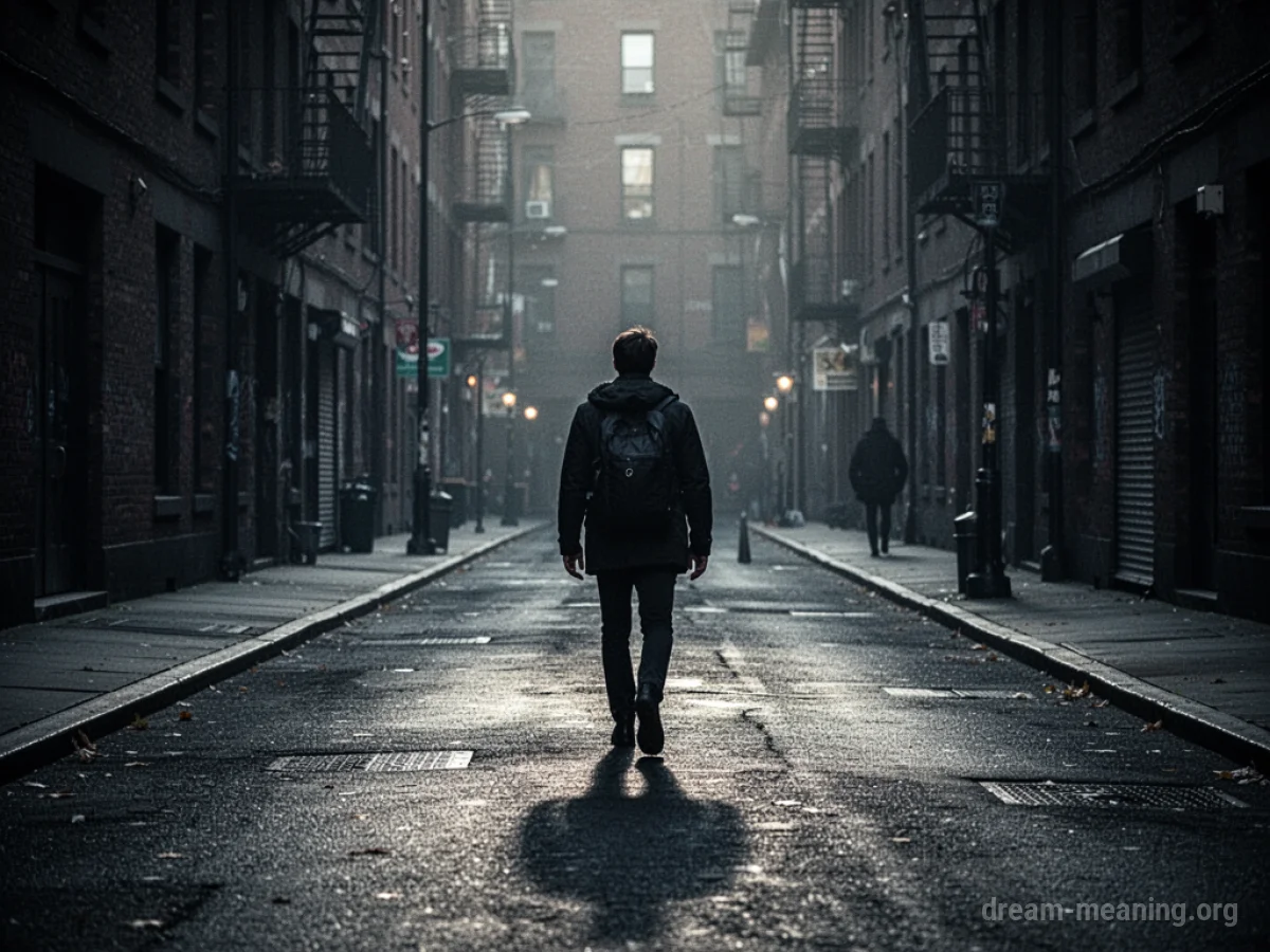 A person walking away from a distant, shadowy figure on a street.