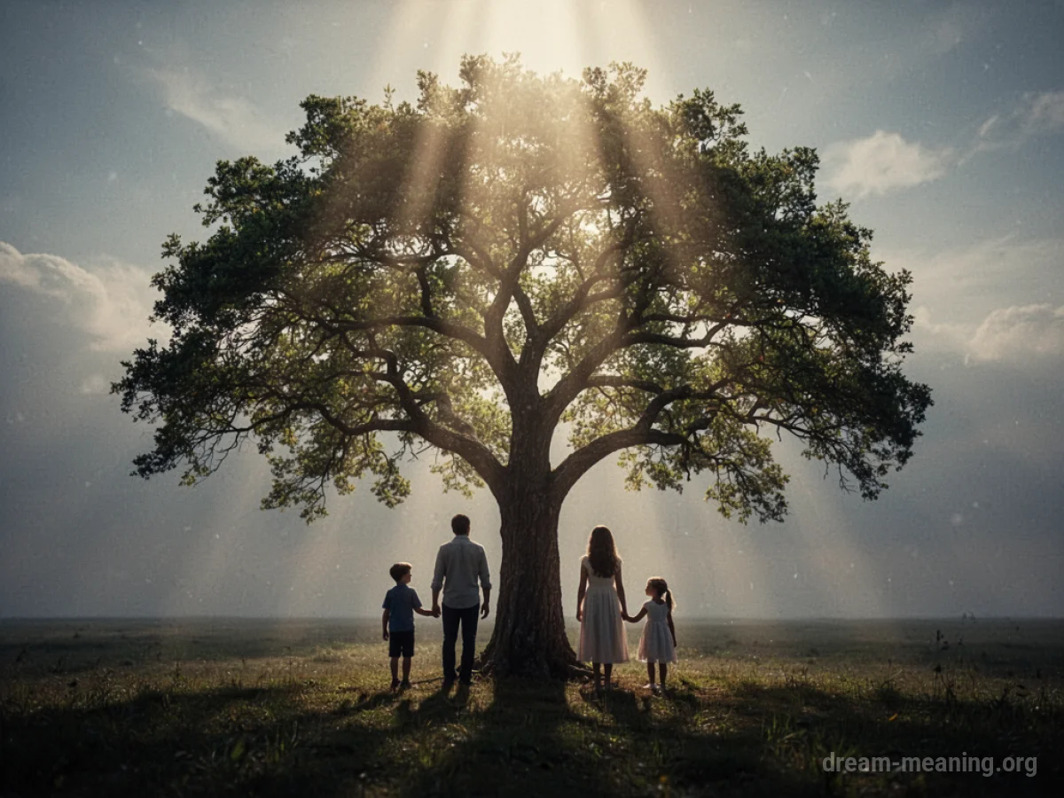 A soft light shining down onto a stylized family tree.
