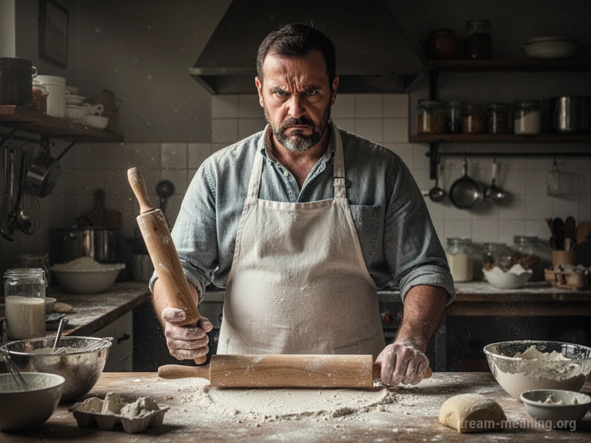 A baker with a stern face and a rolling pin.
