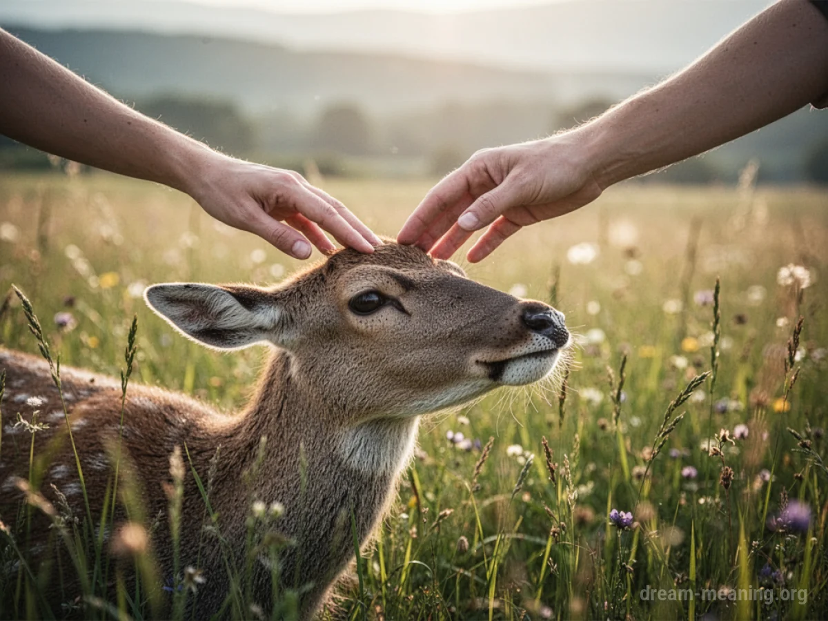 A hand gently touching an animal's head.