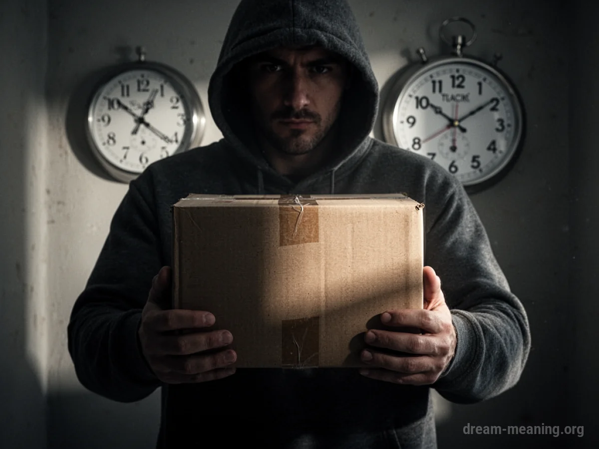 A silhouette of a person holding a package with a clock face behind them.