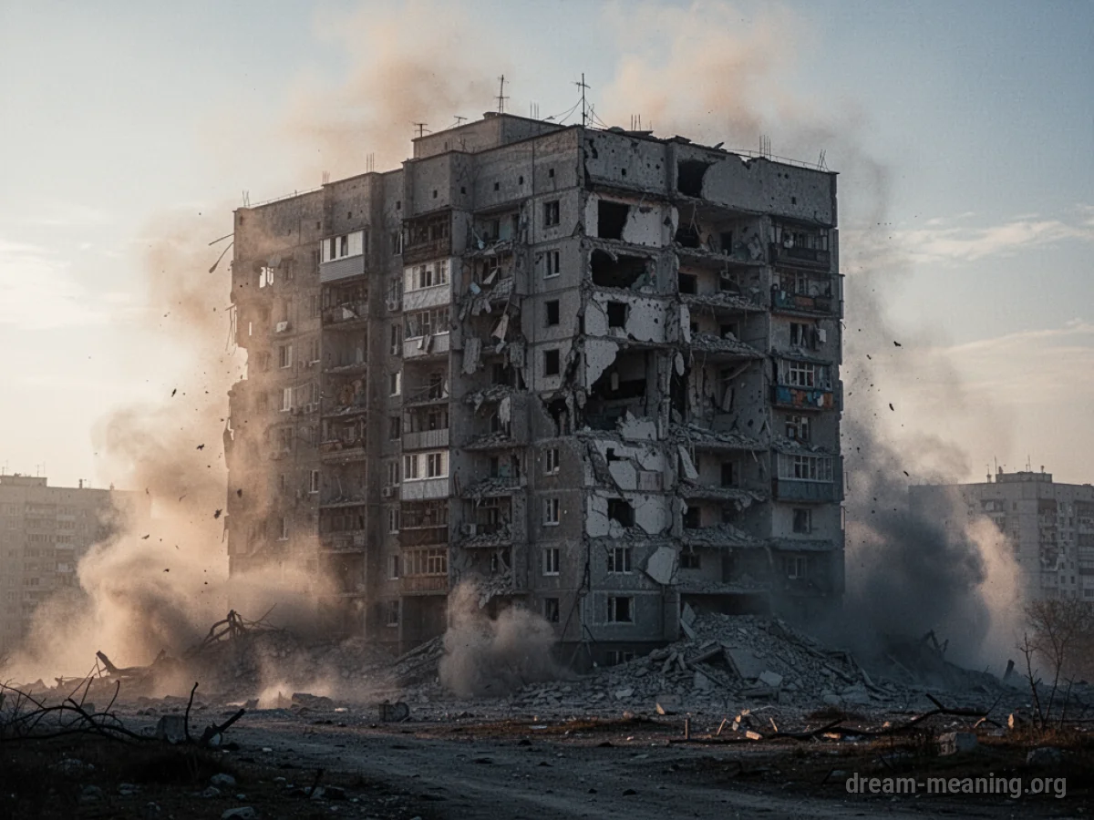 A large apartment building partially collapsed with dust in the air.
