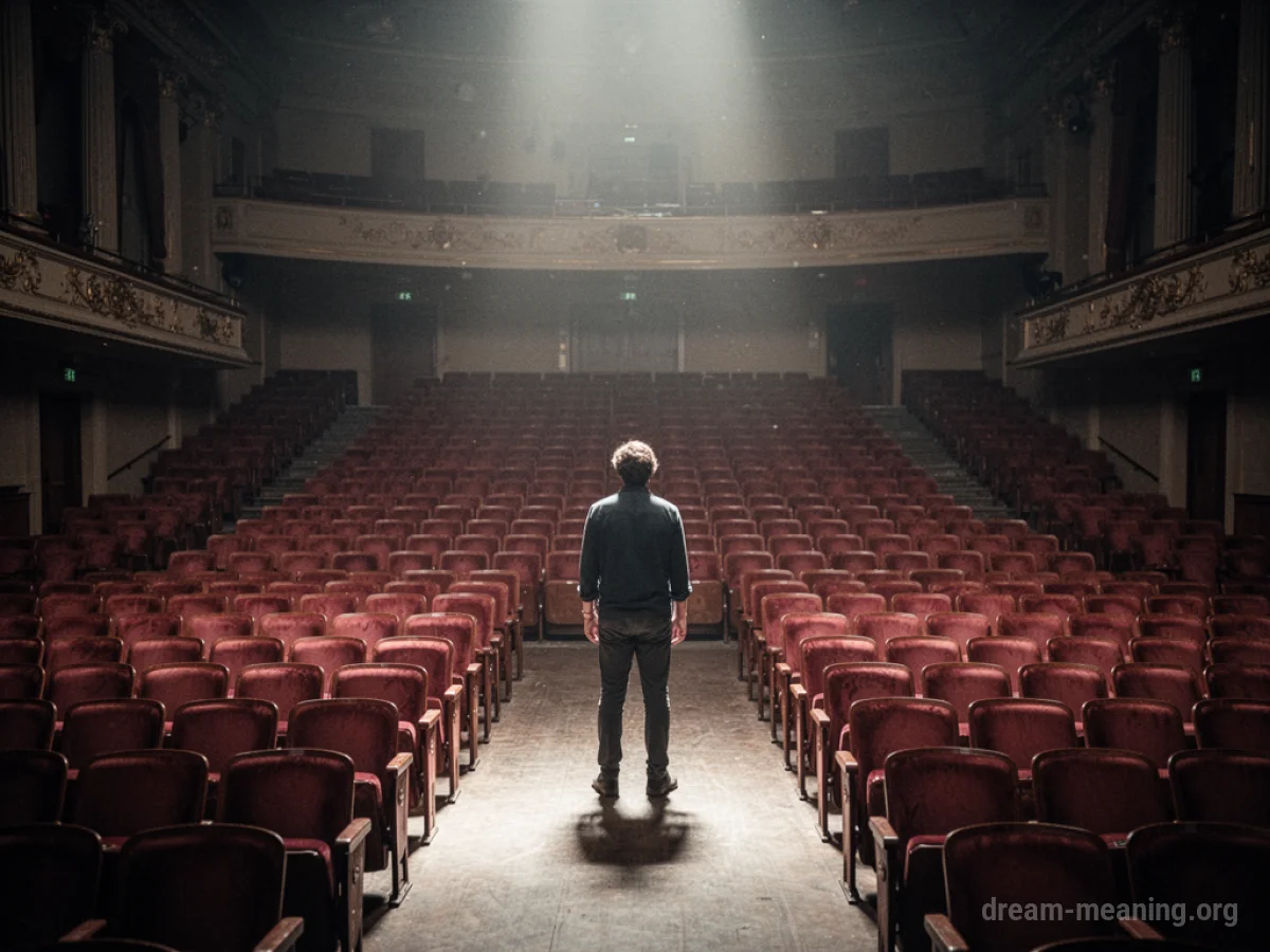 A solitary person in an empty venue with rows of vacant seats.