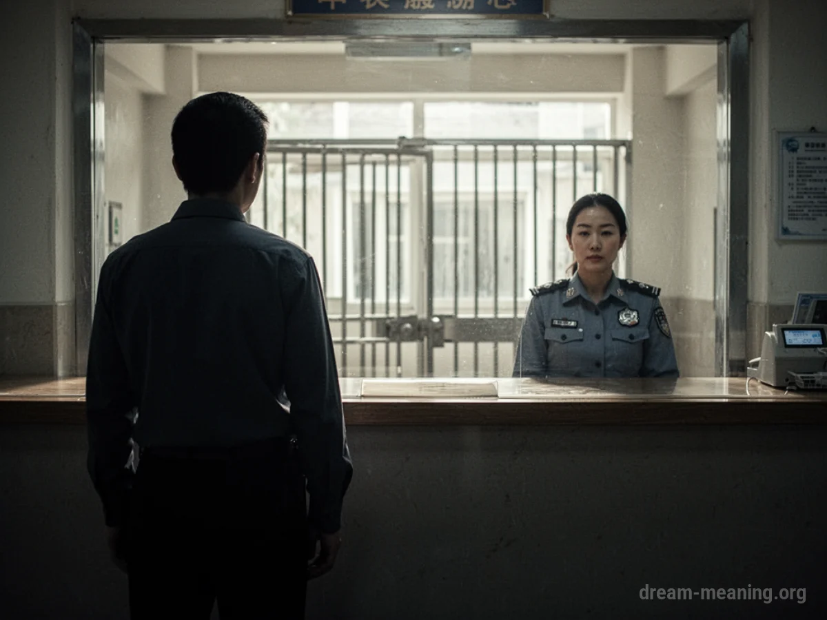 A person facing a border control desk with an official.