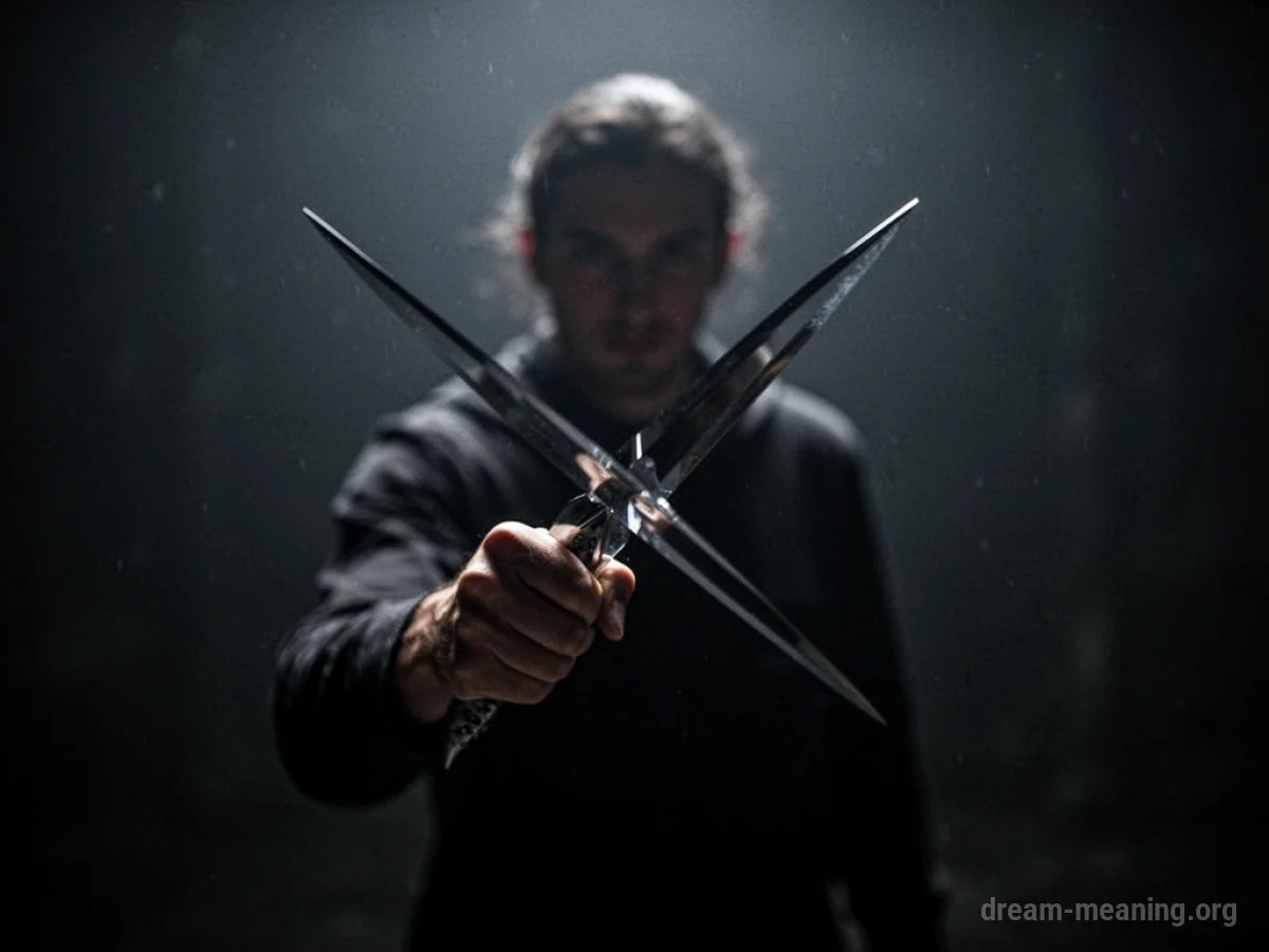 Silhouette of a person holding a sharp object in darkness.