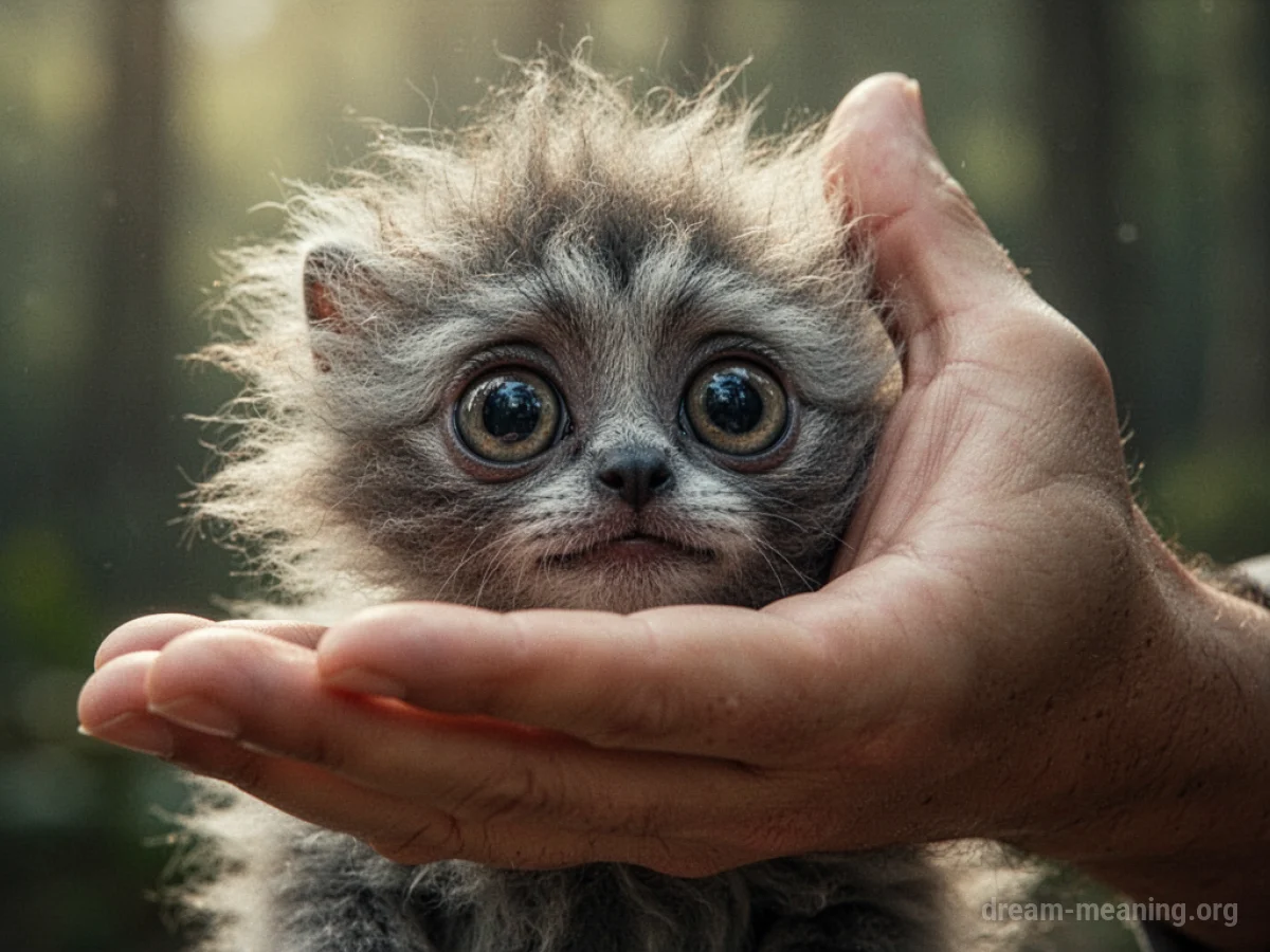 A small, fluffy creature with large eyes behind a hand.