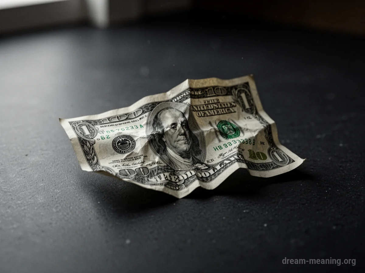 A crumpled dollar bill lying on a dark surface.