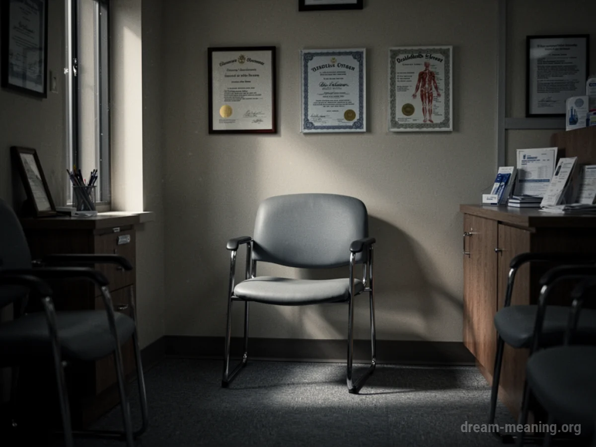 An empty chair in a dimly lit doctor's waiting room.
