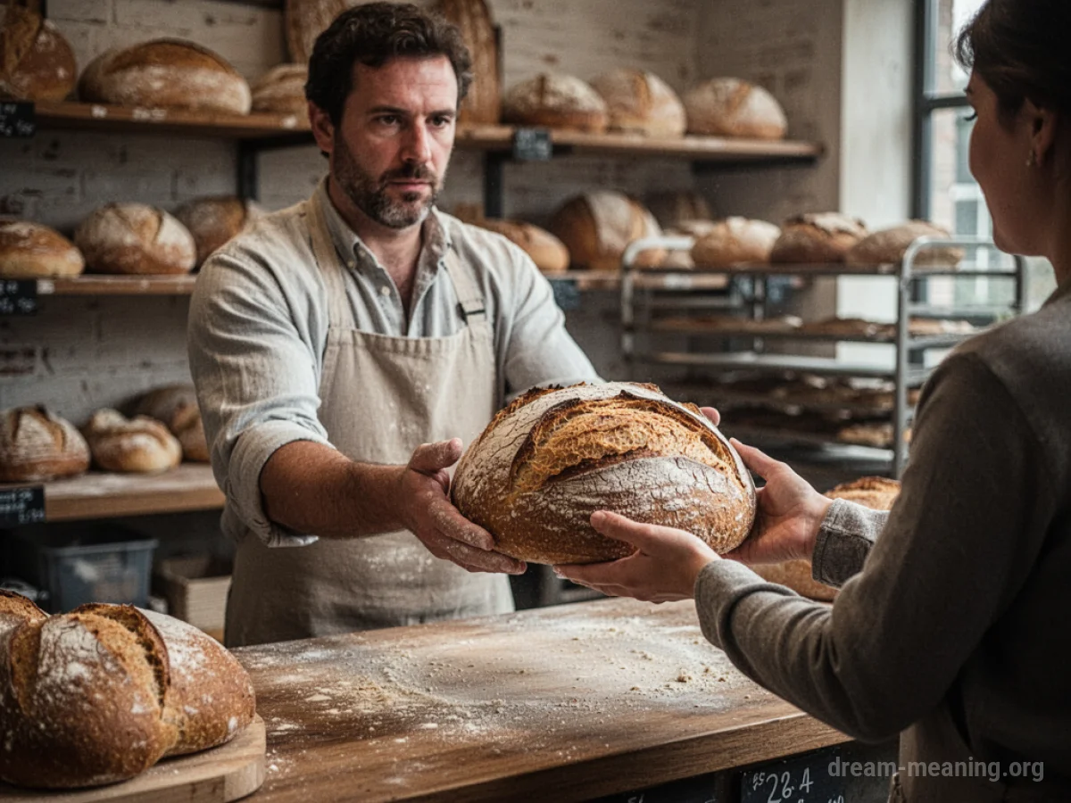 A baker presenting a loaf of bread.