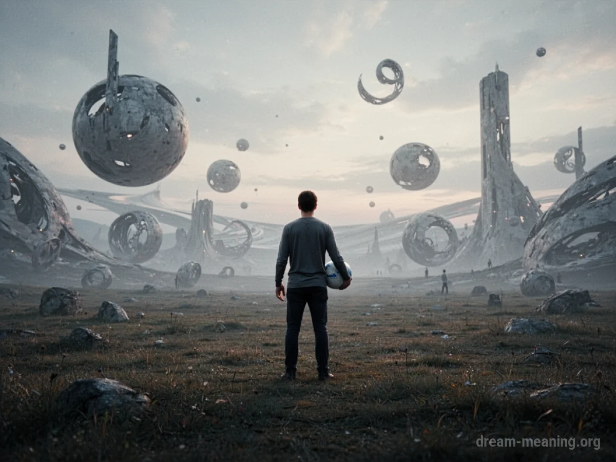 A person holding a ball on a bizarre, shifting landscape.