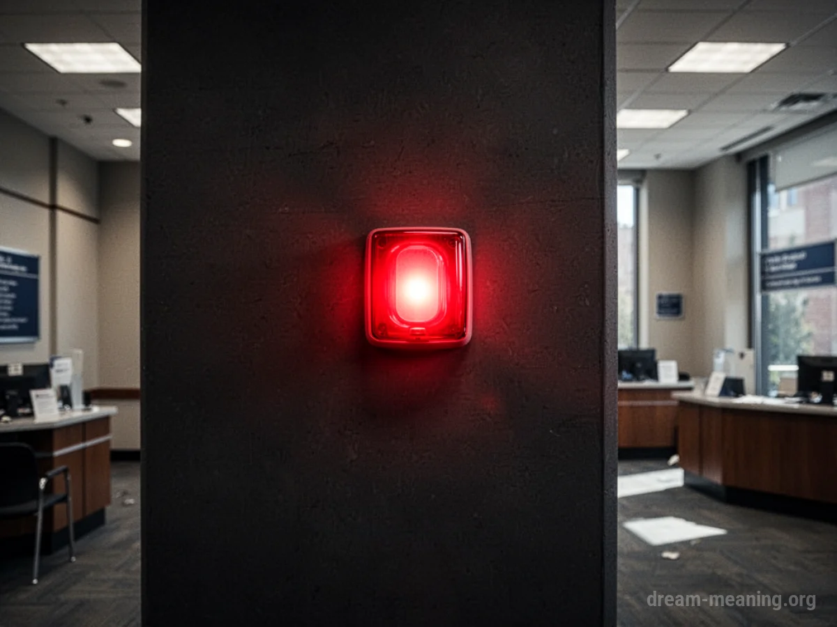 A red alarm light flashes on a bank wall.
